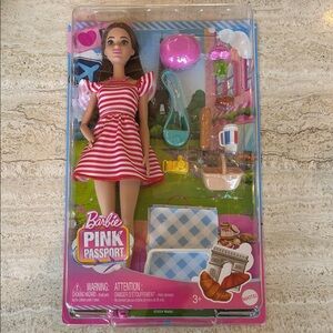 NEW 🆕 Barbie Pink Passport Doll with Red and White Striped Dress and Accessories